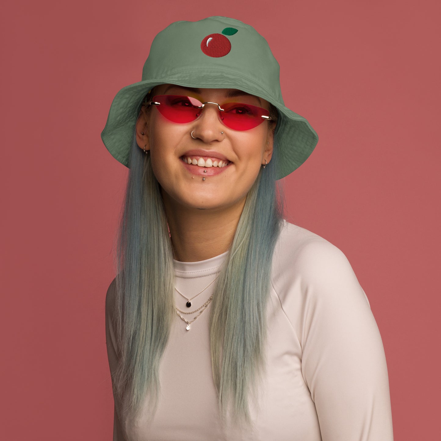 Organic bucket hat with Stanton Orchard's "Icon Cherry"