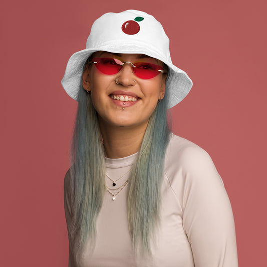 Organic bucket hat with Stanton Orchard's "Icon Cherry"