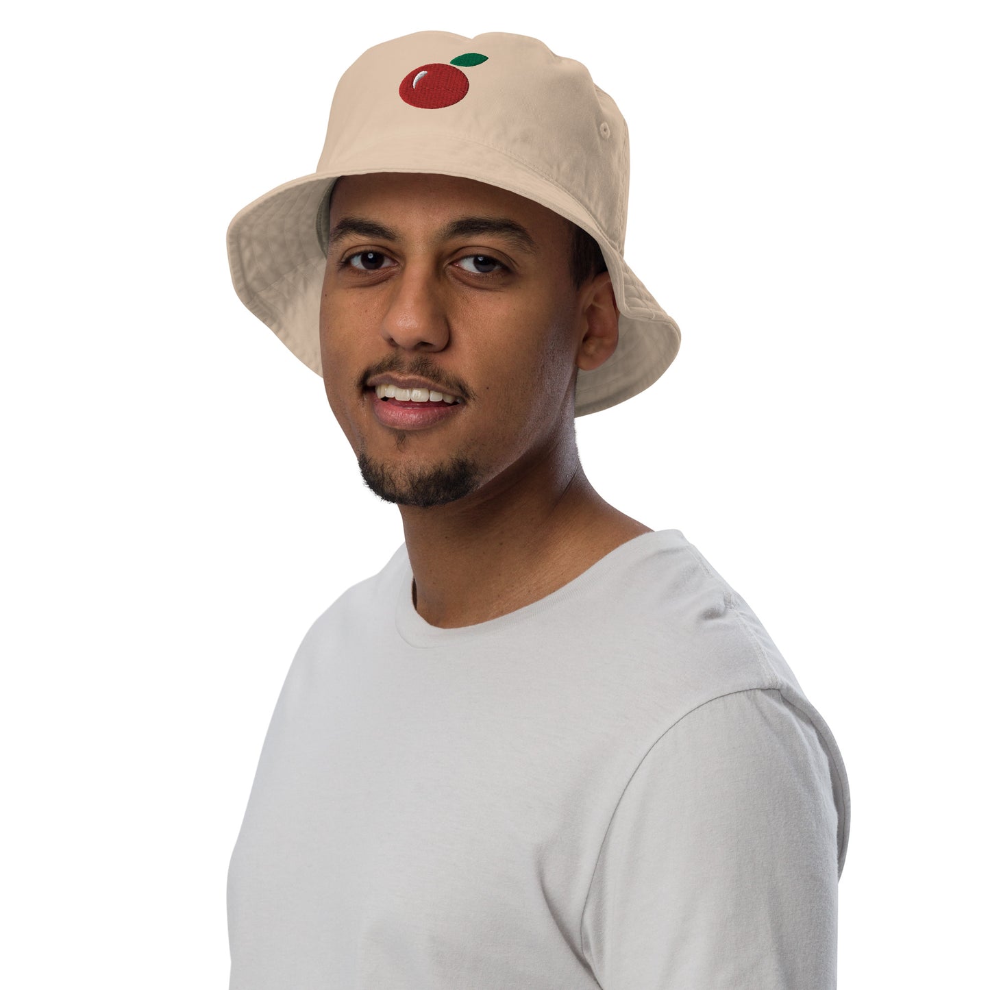 Organic bucket hat with Stanton Orchard's "Icon Cherry"