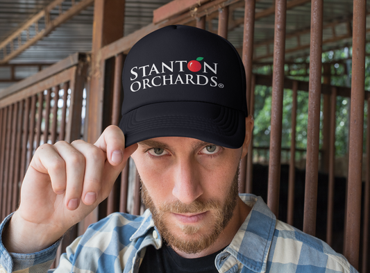 Trendy Trucker Cap with our Stanton Orchards Logo. Be a fan!